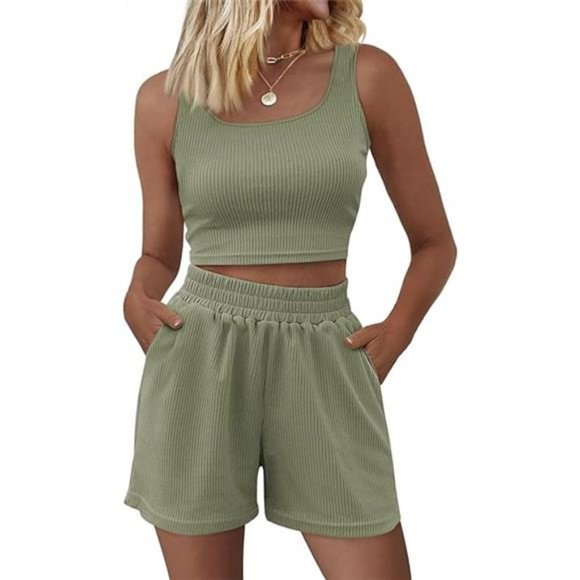 2 Piece Women Summer Shorts Sets Sleeveless Matching Lounge High Waist Crop Top - Picture 7 of 7